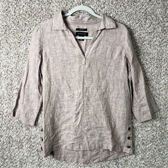 Tahari Top Women’s Small Tan Brown 100% Linen 3/4 Sleeve Collared Popover Blouse - Picture 1 of 5